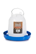 Blue and white Double-Tuf Poultry Waterer with legs, 1.5 Qt. livestock waterer by Miller Manufacture Company with a sturdy design.