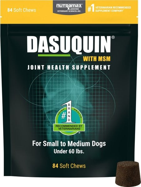 Dasuquin joint health supplement packaging for small to medium dogs on a white background