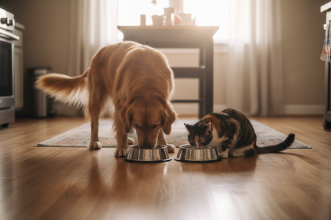 Dog and cat eating from metal bowls on a wooden floor