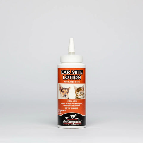 First Companion ear mite lotion with aloe vera for dogs, cats, and rabbits, 6 oz bottle for ear health and irritation relief.