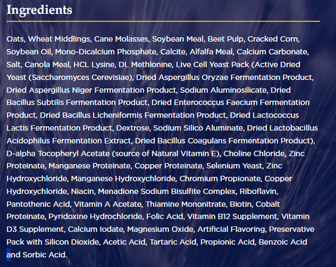 Ingredient list for East Coast Race Horse Feed
