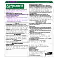 A large printed veterinary product insert card for Advantage II Large Cat flea and tick treatment, with a white background, green and blue header, and black text sections on hazards, directions, and precautions.