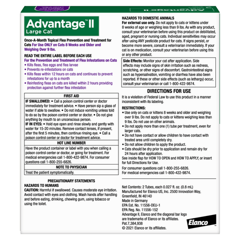 A large printed veterinary product insert card for Advantage II Large Cat flea and tick treatment, with a white background, green and blue header, and black text sections on hazards, directions, and precautions.