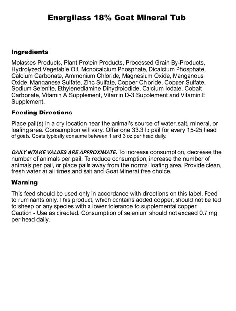 Energilass Goat Mineral Tub Ingredients and Feeding Directions
