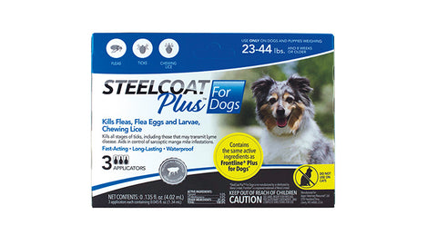 First Companion SteelCoat Plus flea and tick treatment for dogs weighing 23-44 lb, in a small tube with label.
