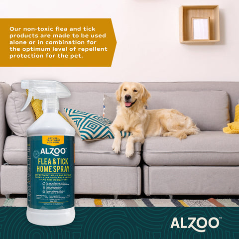 Alzoo™ plant-based flea and tick home spray in a 32 fl oz spray bottle, suitable for indoor pest control.