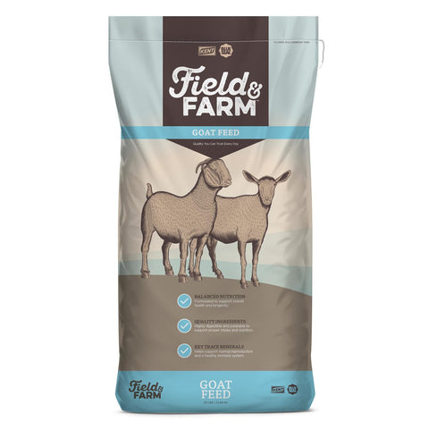 Kent Feeds Field & Farm Goat Feed 50 lb. bag with visible grain and feed mixture for goats and sheep.