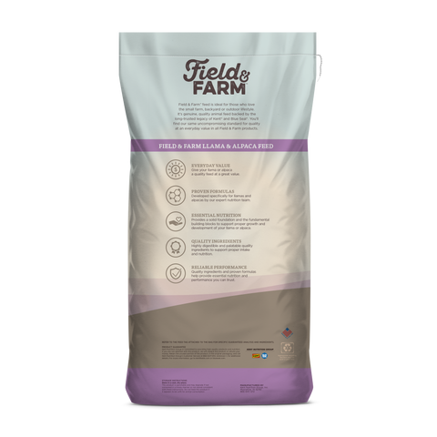 Field and Farm Kent Feeds llama and alpaca pellet bag, showing the 50 lb feed bag with farm logo and product labeling.