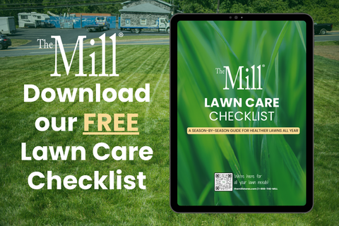 Tablet displaying 'The Mill Lawn Care Checklist' on a grassy background with text promoting a free checklist download.