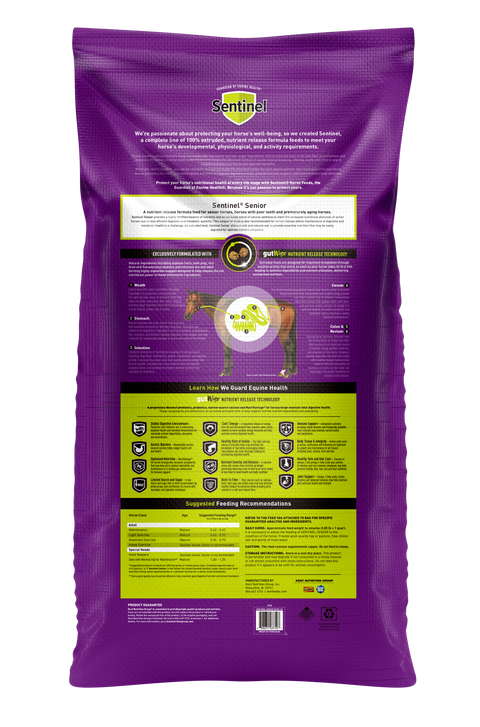 Blue Seal Sentinel Senior Horse Feed bag showing the back label with nutritional and feeding information.