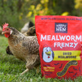 Happy Hen Mealworm Frenzy package with a chicken in a grassy outdoor setting