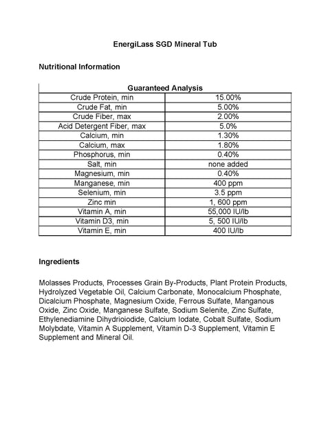 EnergiLass SGD mineral Tub ingredients and nutrient levels