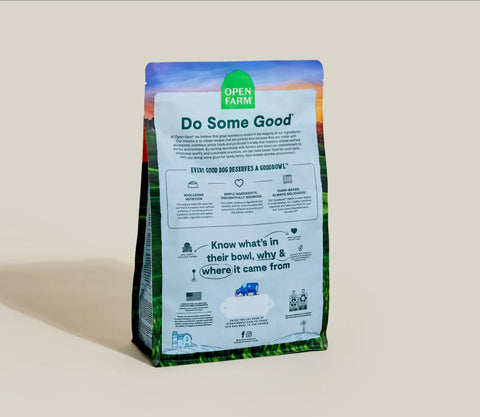 Back of the Bag of Open Farm Oven-Baked Goodbowl Grass-Fed Beef & Brown Rice Dog Food 3.5lb.