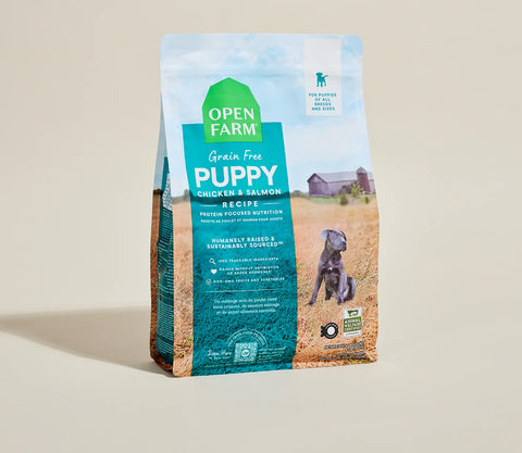 Open Farm grain-free puppy food package with a scenic background on a beige surface
