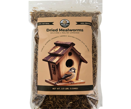 Bird Pro premium dried mealworms for bird food, showing a close-up of the high-quality dried worms in a natural setting.