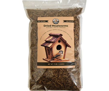 Bird Pro Premium Dried Mealworms for bird food, showing a close-up of the dried mealworms in a natural setting.