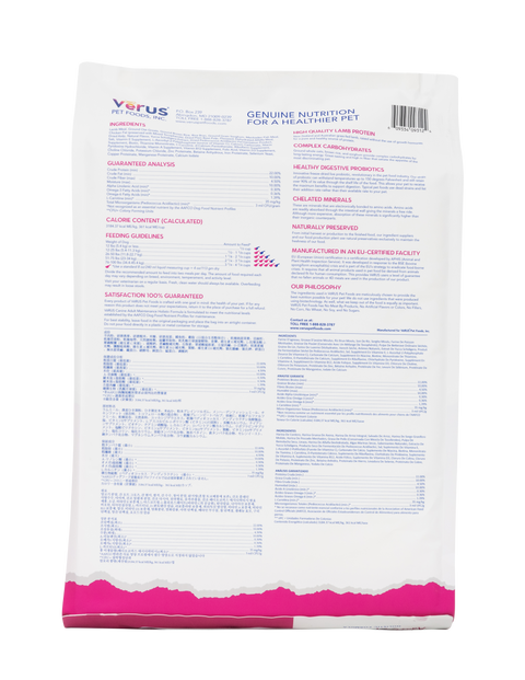 Dog food packaging with nutritional information on a white background