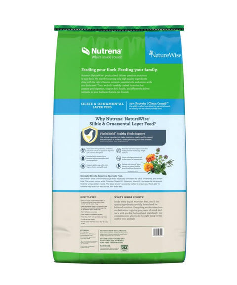 Back of the bag of Nutrena NatureWise Silkie & Ornamental Layer  Feed for Chickens 