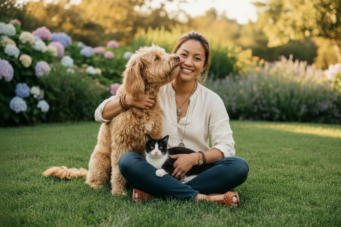 Woman sitting on grass with a dog and cat, surrounded by flowers
