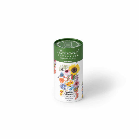Botanical Interests Precious Pollinators flower mix seed shaker showing colorful wildflower seeds in a clear container
