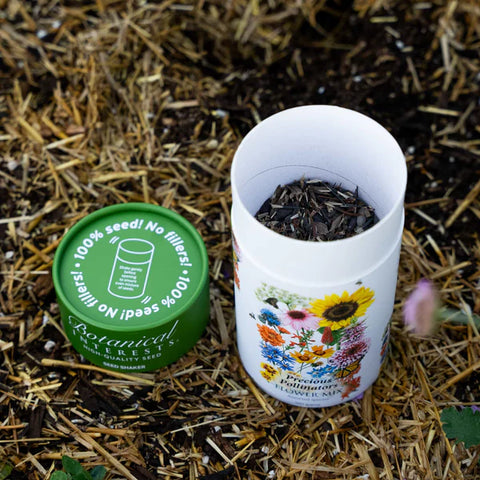 Botanical Interests Precious Pollinators flower mix seed shaker showing colorful flower seeds for pollinator gardens