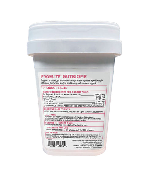 back of tub of ProElite GutBiome supplement for horses