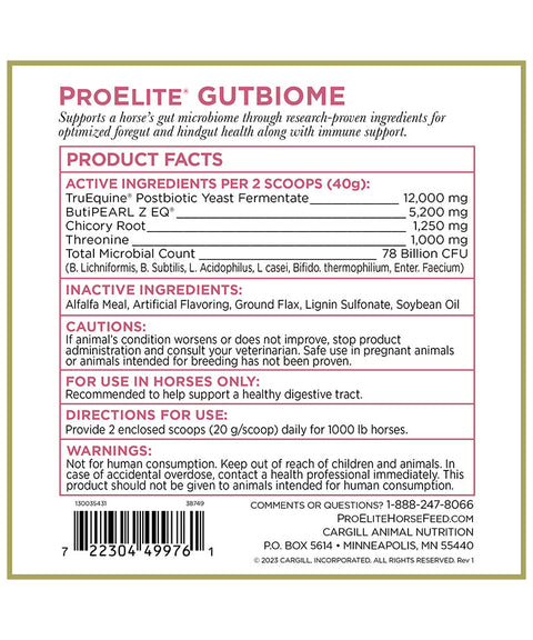 Label for ProElite Gutbiome supplement for horses