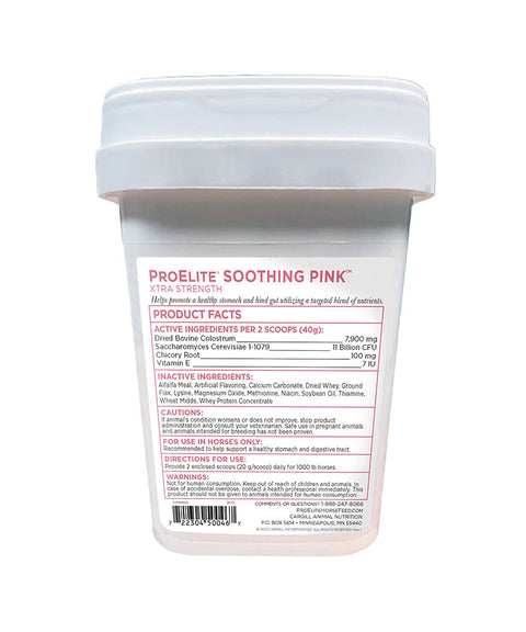 back of tub of ProElite Soothing Pink Xtra Strength horse supplement