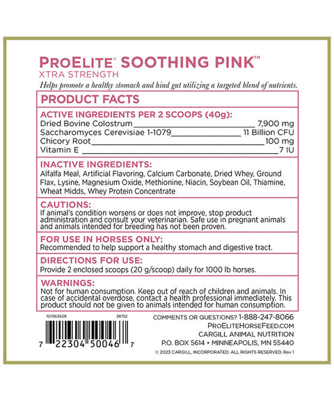 Label for ProElite Soothing Pink Xtra Strength horse supplement