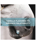 Proelite Topline Advanced Support vanilla flavored  banner over a horse's gray muzzle