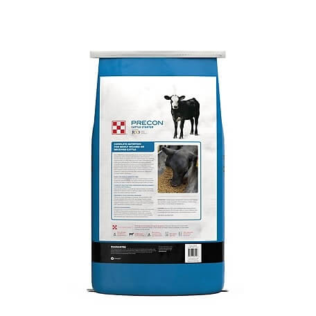 The back of a bag of purina precon cattle feed