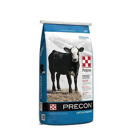 A bag of purina precon cattle feed
