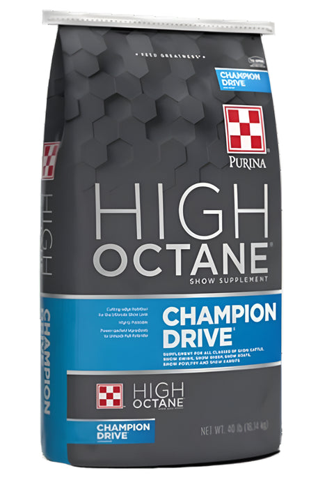 a bag of Purina High Octane Champion Drive Livestock Show Supplement
