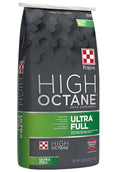 A bag of Purina High Octane Ultra Full Show Feed Supplement for livestock, primarily cattle, with a checkered pattern and brand logos.
