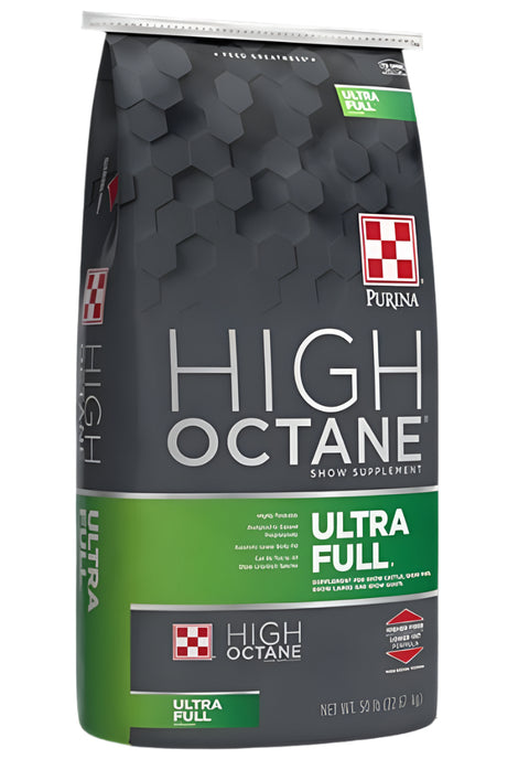 A bag of Purina High Octane Ultra Full Show Feed Supplement for livestock, primarily cattle, with a checkered pattern and brand logos.