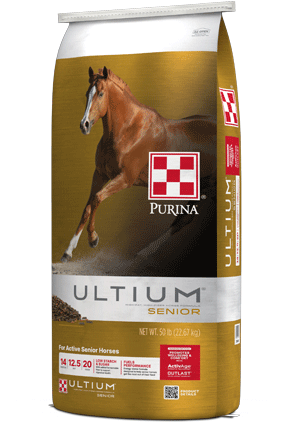 Purina Ultium Senior horse feed bag on a white background