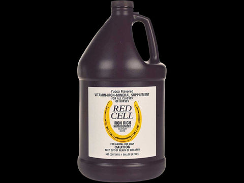 Gallon jug of Red Cell supplement with label on a white background