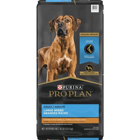 Bag of Purina Pro Plan Adult Large Breed Chicken and Rice Dry Dog Food showing the packaging and product branding.