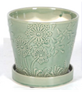 Pale green Dandelion in the Wind pot with attached saucer, 5.1 inches, garden supply from Mick's Picks Co.