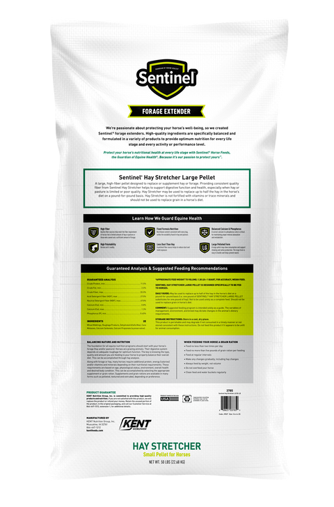 Kent Feeds Sentinel Hay Stretcher large pellet for horses, 50 lb bag, visible close-up of the feed extension pellet in the image.