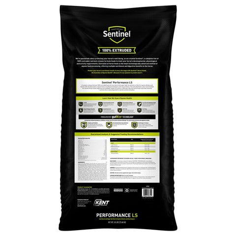 Kent Feeds Sentinel Performance LS horse feed bag showing 50 lb. bag with product label and branding on the back side.