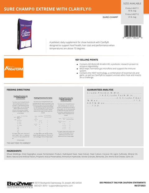 Sure Champ Extreme show feed supplement with Clarifly, 25 and 40 lb bags, designed for horse nutrition and fly control.