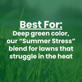 A green lawn background with large white text reading “Best For: Deep green color, our ‘Summer Stress’ blend for lawns that struggle in the heat.”.