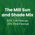 Text reading 'The Mill Sun and Shade Mix' and '80% Tall Fescue, 20% Fine Fescue' over a blurred green grass background.