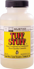 Mustad Hoof Shield Tuff Stuff horse hoof toughener and conditioner in an 8 oz. container, designed for horse hoof care and strengthening.