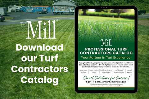 Advertisement for The Mill with a tablet displaying a turf contractors catalog on a grassy background.