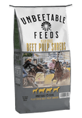 Bag of Unbeetable Feeds plain dried beet pulp shreds with a background of people on horseback.