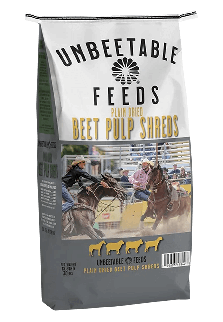 Bag of Unbeetable Feeds plain dried beet pulp shreds with a background of people on horseback.