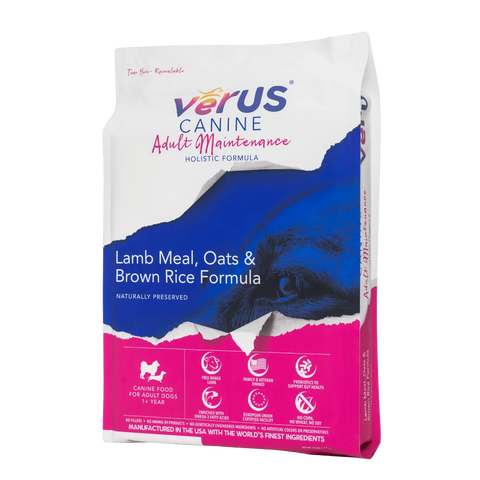 Verus Canine adult maintenance dog food package on a white background