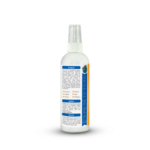 Earthbath 3-in-1 Deodorizing Spray for pets with vanilla and almond scent, featuring a spray bottle and pet grooming supplies.